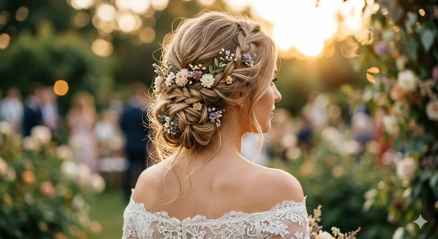 Coiffure de mariée chignon bohème fleuri