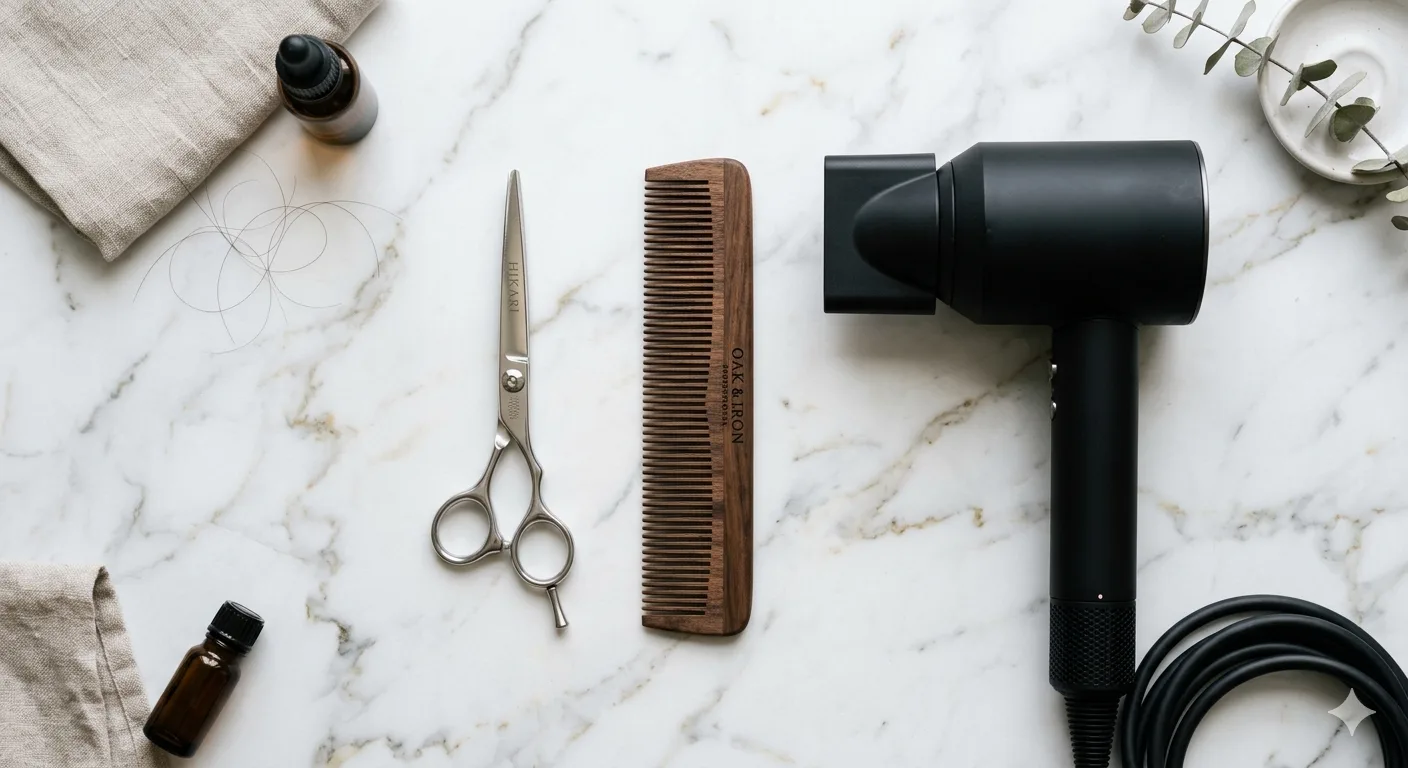 Outils coiffure professionnels — ciseaux, peigne, sèche-cheveux